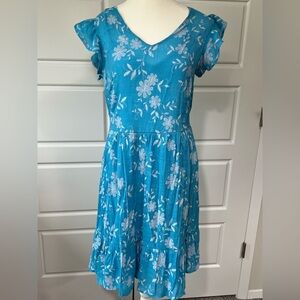 Cato Blue Floral Embroidered‎ Summer Dress Flutter Sleeve Casual Sundress Medium